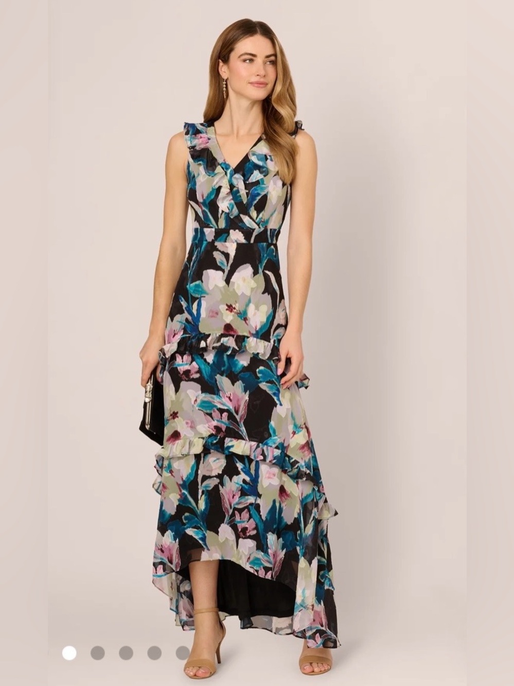Adrianna Papell Black Multi Floral Ruffle V-Neck Maxi Dress NWT